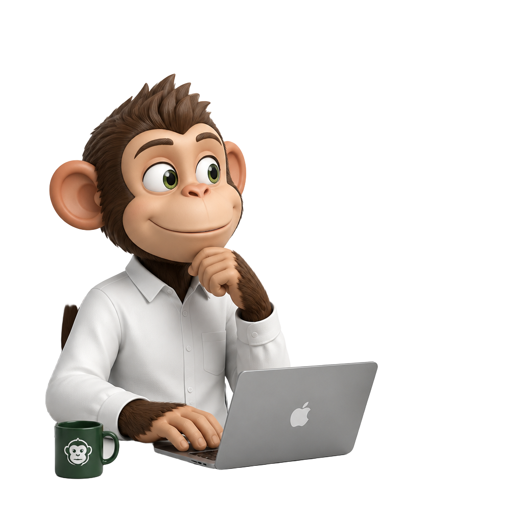 Evo the monkey working a ranked DM inbox on a laptop